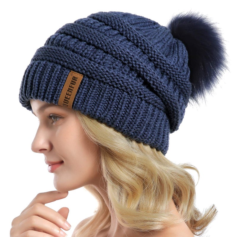 QUEENFUR Women Knit Slouchy Beanie Chunky Baggy Hat with Faux Fur Pompom Winter Soft Warm Ski Cap - Image 3